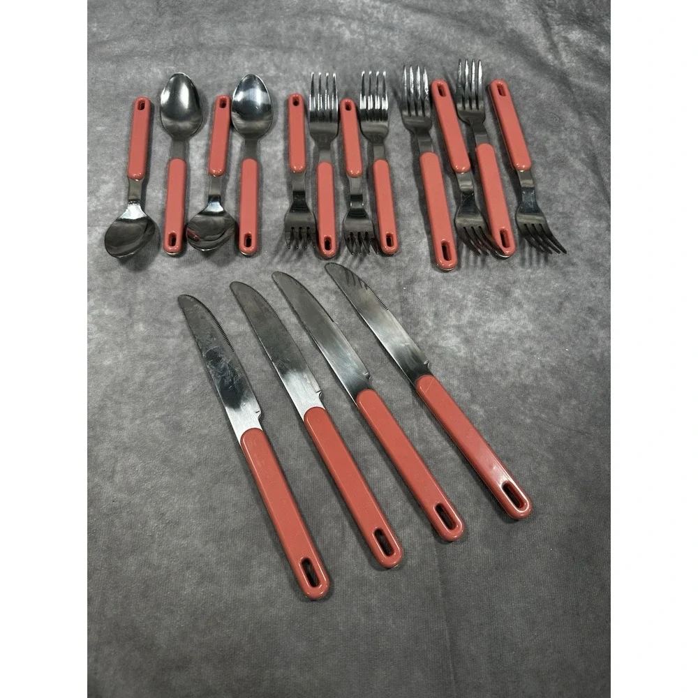 Vintage Pink Handle Stainless Flatware Hanging Pink 4 Place Settings Forks Spoon